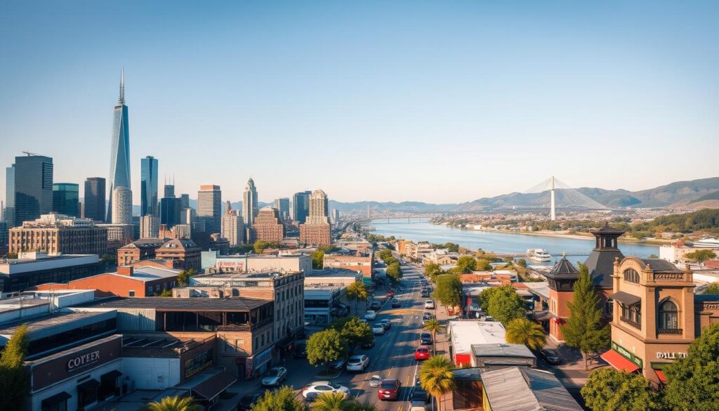 A bustling cityscape, capturing the essence of Southeastern cities with their cost-effective living. In the foreground, vibrant skyscrapers and modern architecture stretch towards a clear blue sky, their reflections dancing on the calm waters of a river or lake. In the middle ground, bustling streets teeming with diverse local businesses, from quaint cafes to thriving retail outlets, all offering competitive prices. The background is filled with lush greenery, rolling hills, and a serene, picturesque landscape, hinting at the region's natural beauty and the balance between urban development and tranquil surroundings. The scene is bathed in warm, golden light, conveying a sense of prosperity and livability that makes these Southeastern cities attractive retirement destinations.