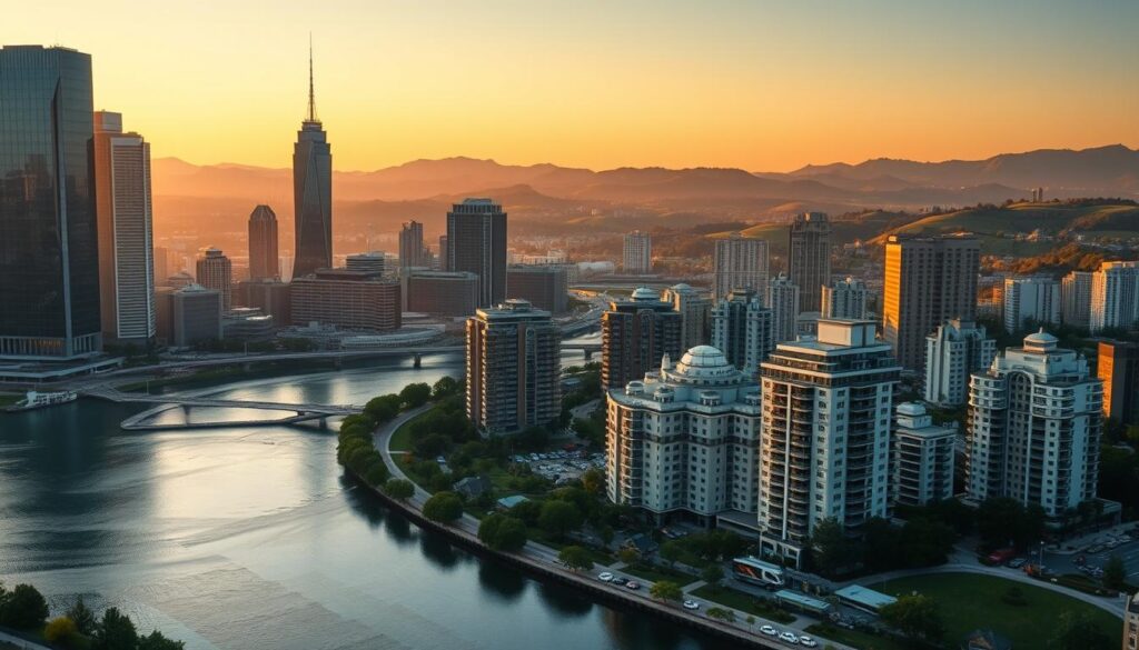 A bustling cityscape with a serene skyline, showcasing the financial prowess of a prosperous state. In the foreground, a winding river reflects the grandeur of towering skyscrapers, their glass facades glimmering under the soft, golden hue of sunset. The middle ground is dotted with elegant high-rise residences, their windows illuminating the wealth and success of the city's elite. In the background, rolling hills and lush greenery provide a natural backdrop, hinting at the state's tax-friendly policies that have attracted a thriving millionaire class. The scene exudes a sense of financial power, stability, and the allure of a desirable retirement destination.