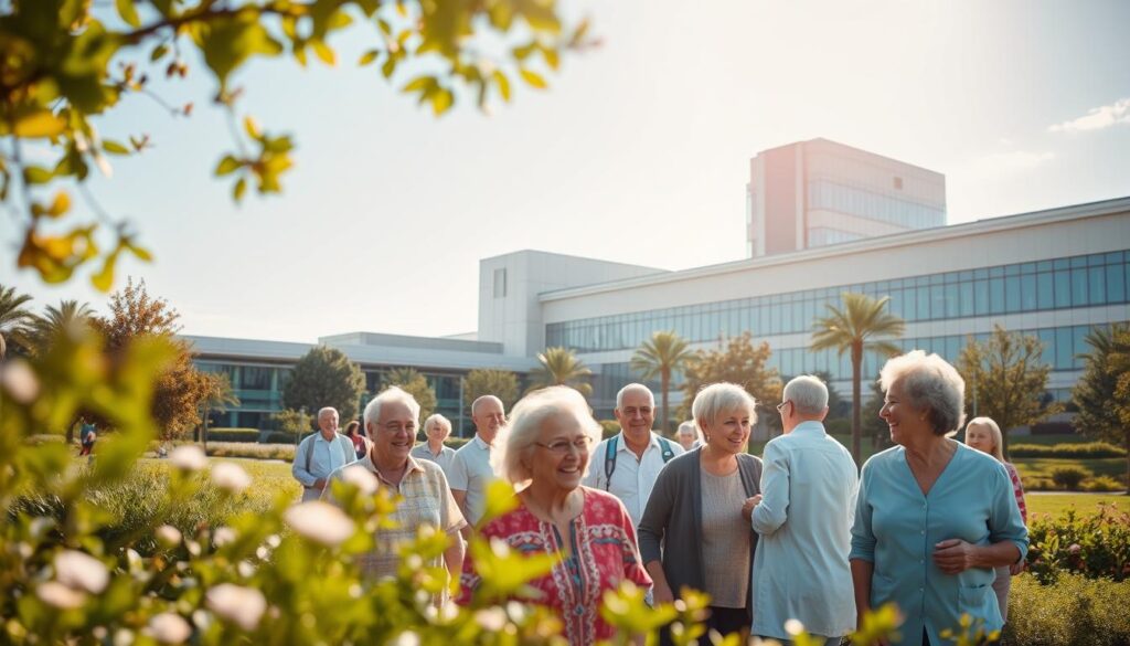 A bustling healthcare facility nestled in a serene, sun-dappled landscape. In the foreground, a group of senior citizens engaged in lively discussions, their faces radiant with vitality. The middle ground showcases a state-of-the-art rehabilitation center, where therapists guide patients through gentle exercises. In the background, a modern hospital wing stands tall, its glass facades reflecting the azure sky. Warm, soft lighting infuses the scene with a sense of comfort and well-being, creating an inviting atmosphere that embodies the very best in senior healthcare access.