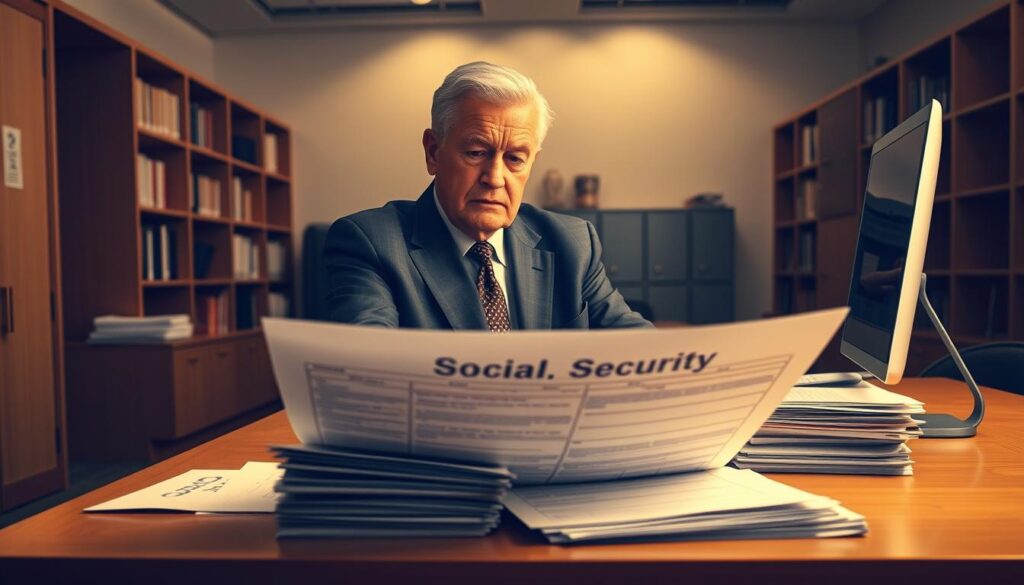 A clean, well-lit office interior with a large desk, computer, and stacks of papers. A senior adult in a suit sits thoughtfully, brow furrowed, as they review tax documents related to social security. The walls are lined with bookshelves and file cabinets, creating a sense of professionalism and focus. Warm, indirect lighting creates a pensive atmosphere, with highlights on the desk surface and the person's face. The composition emphasizes the importance of careful tax planning for retirees, with the social security documents taking center stage.