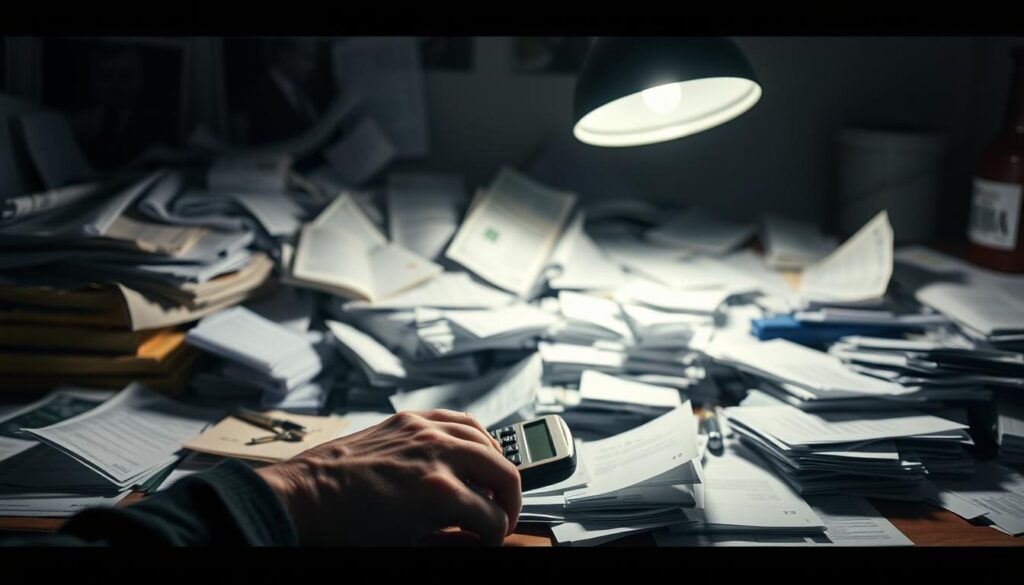 A cluttered desk overflows with unexpected bills, receipts, and financial documents, casting long shadows under a single, harsh overhead light. In the foreground, a stressed person's hands grip a calculator, grappling with the unexpected costs that threaten their carefully planned retirement. The background is blurred, conveying a sense of chaos and uncertainty, emphasizing the sudden disruption to the retiree's financial security. The scene is rendered in a somber, muted color palette, evoking the weight and gravity of the situation.