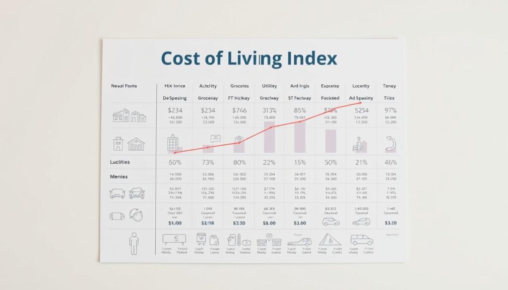 A comprehensive cost of living index chart, depicting a breakdown of key expenses such as housing, utilities, groceries, and transportation. The chart is presented in a clean, minimalist style with clear data visualizations and icons, set against a neutral, soft-toned background. The lighting is natural and evenly distributed, creating a sense of clarity and approachability. The overall composition emphasizes the informative nature of the data, making it easy for viewers to quickly grasp the relative affordability of different cost of living factors across various locations.