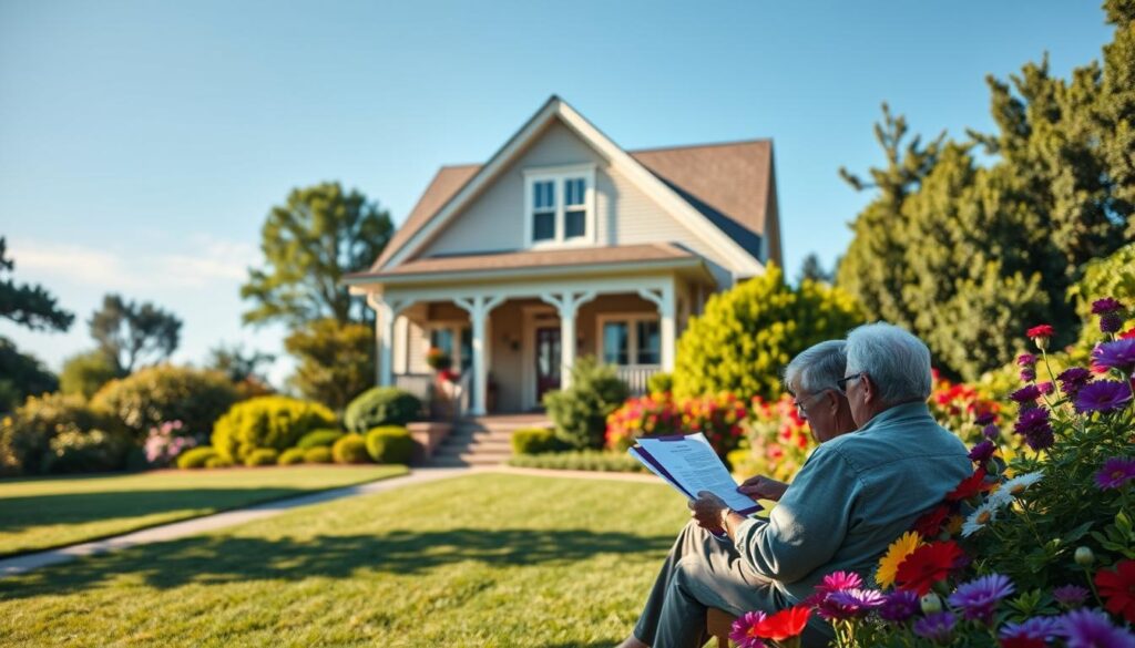 A cozy home nestled among lush greenery, with a clear blue sky overhead. In the foreground, a senior couple sits on their porch, enjoying the tranquility as they review their property tax documents. The lighting is soft and warm, casting a gentle glow on their faces. In the middle ground, a neatly manicured lawn leads to a well-maintained house, its elegant architecture a testament to years of careful investment. In the background, a vibrant garden bursts with colorful blooms, symbolizing the financial security and peace of mind that comes with navigating senior property tax relief programs. The overall scene conveys a sense of comfort, stability, and the importance of preserving one's home budget during the golden years.
