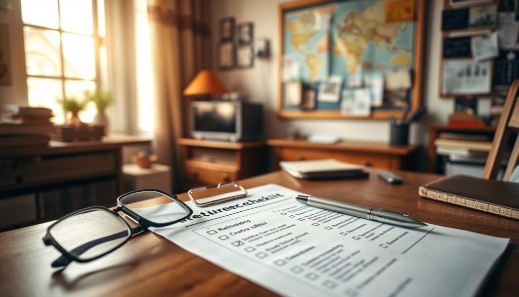 A cozy home office with a retiree's relocation checklist laid out neatly on a wooden desk. Soft, natural light filters in through a nearby window, casting a warm glow on the scene. A pair of reading glasses, a pen, and a well-worn notebook accompany the checklist, hinting at the thoughtful planning process. In the background, a bulletin board displays maps, brochures, and other references, reflecting the retiree's research into potential new homes. The overall atmosphere is one of focused organization and anticipation, capturing the careful preparation for this significant life transition.