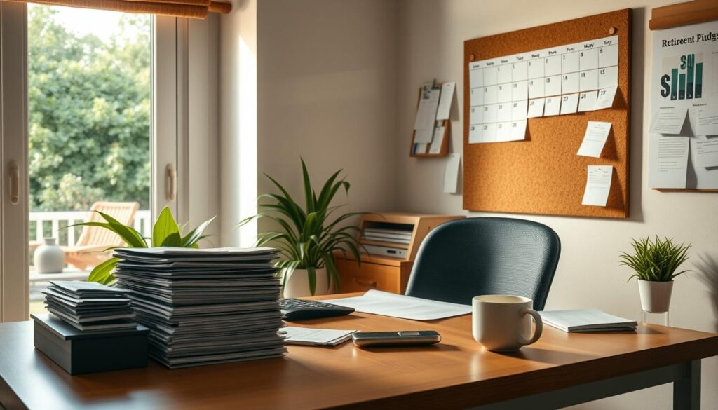 A cozy home office with a well-organized desk, featuring a neatly stacked pile of bills, a calculator, and a cup of coffee. The room is bathed in warm, natural lighting, with a large window overlooking a lush garden. On the wall, a cork board displays meticulously categorized financial documents and a calendar highlighting important dates. The atmosphere conveys a sense of control and mindfulness, as the occupant carefully manages their monthly retirement budget of $2,000.