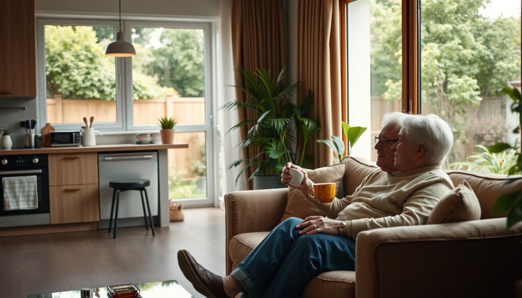 A cozy one-bedroom apartment with a well-stocked kitchen and a comfortable living room. The apartment has large windows that let in plenty of natural light, illuminating the modern furnishings and decor. In the background, a lush garden provides a peaceful, nature-inspired setting. An elderly couple sits on a plush sofa, enjoying a cup of tea and discussing their financial plans for retirement. The scene exudes a sense of contentment, security, and the ability to stretch a limited budget through careful planning and smart choices.
