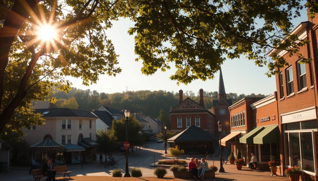 A cozy small town nestled in the rolling hills of the Midwest, with quaint houses, tree-lined streets, and a bustling main street. Warm afternoon sunlight filters through the leaves, casting a golden glow over the scene. In the foreground, a charming town square with a gazebo and a few locals chatting on the benches. In the middle ground, a mix of brick and clapboard buildings housing local businesses, their facades adorned with colorful awnings and flowerpots. In the background, a church steeple and the silhouettes of distant trees against a clear blue sky. An atmosphere of community, tranquility, and affordability.
