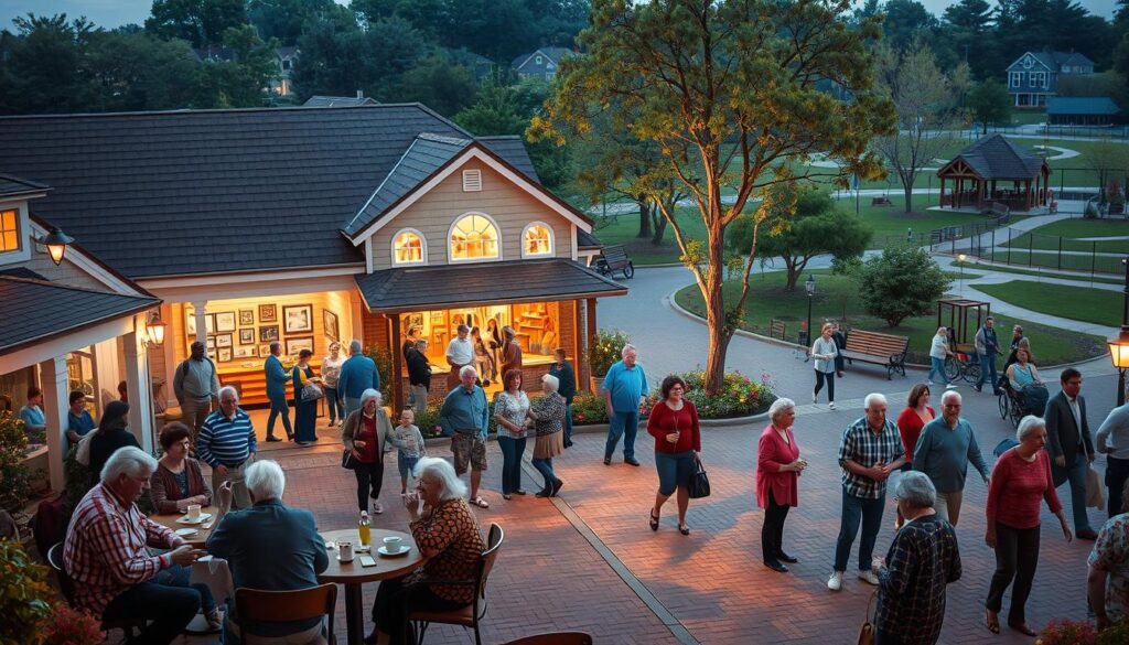 A cozy, well-lit town square bustling with diverse residents engaged in vibrant community activities. In the foreground, seniors chatting over coffee at a cafe, while others participate in a lively dance class or fitness session. The middle ground features a community center hosting an art exhibition, with children playing in a nearby playground. In the background, a tranquil park with walking trails and benches, where retirees stroll and socialize. The scene exudes a warm, welcoming atmosphere, showcasing the rich lifestyle opportunities and sense of togetherness that make this an ideal retirement destination.