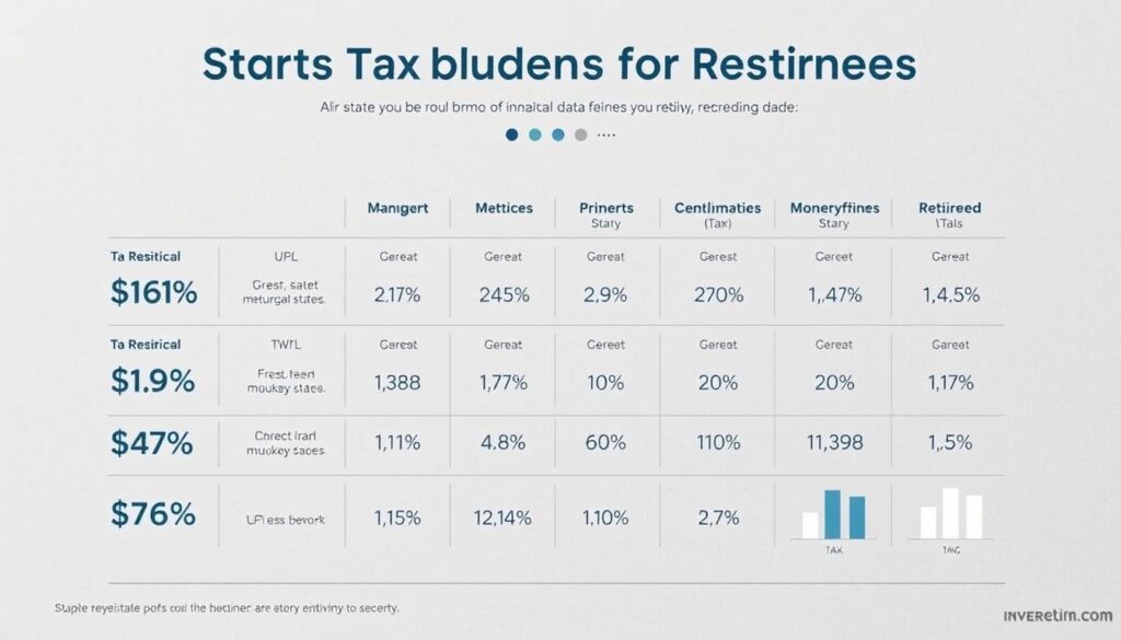 A detailed, data-driven visual comparison of state tax burdens for retirees. A sleek, minimalist infographic style with clean typography and data visualizations. Set against a soft, muted background that evokes a sense of retirement and financial security. The foreground features neatly arranged statistics, charts and graphs highlighting key tax metrics across multiple states. The middle ground has subtle, icons or symbolic elements that reinforce the retirement and financial themes. The background has a soothing, gradient color palette with hints of natural textures like paper or canvas to create a sophisticated, elegant aesthetic. A detailed, data-driven visual comparison of state tax burdens for retirees. A sleek, minimalist infographic style with clean typography and data visualizations. Set against a soft, muted background that evokes a sense of retirement and financial security. The foreground features neatly arranged statistics, charts and graphs highlighting key tax metrics across multiple states. The middle ground has subtle, icons or symbolic elements that reinforce the retirement and financial themes. The background has a soothing, gradient color palette with hints of natural textures like paper or canvas to create a sophisticated, elegant aesthetic.