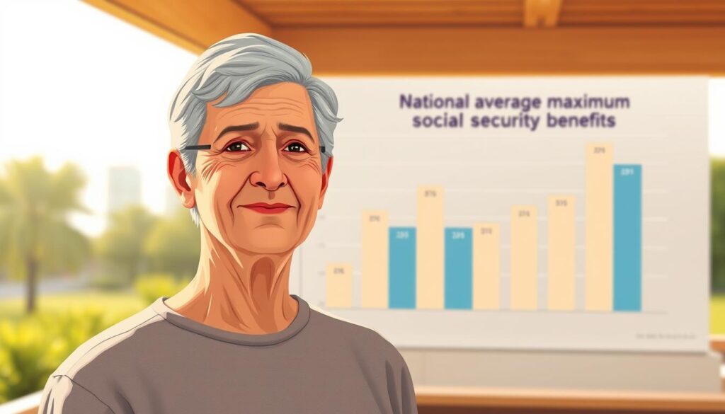 A detailed illustration depicting the concept of "average social security" in a clean, informative style. A middle-aged person stands in the foreground, representing a typical retiree, their face serene and content. In the background, a bar graph or chart visualizes the national average and maximum social security benefits, presented in a clear, data-driven manner. The scene is bathed in warm, natural lighting, creating a sense of reassurance and financial security. The overall mood is one of clarity and financial well-being, aligning with the article's subject matter. A detailed illustration depicting the concept of "average social security" in a clean, informative style. A middle-aged person stands in the foreground, representing a typical retiree, their face serene and content. In the background, a bar graph or chart visualizes the national average and maximum social security benefits, presented in a clear, data-driven manner. The scene is bathed in warm, natural lighting, creating a sense of reassurance and financial security. The overall mood is one of clarity and financial well-being, aligning with the article's subject matter.