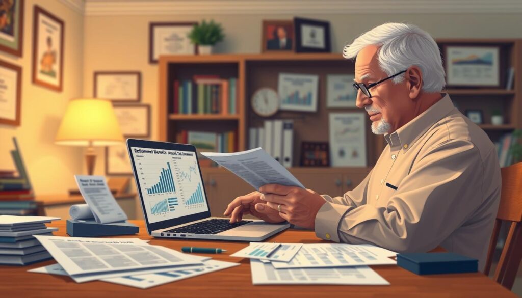 A detailed illustration of social security benefits, depicting a retiree reviewing their annual statement against a backdrop of financial documents and charts. The retiree is sitting at a wooden desk in a cozy home office, illuminated by warm, soft lighting. The middle ground showcases a laptop displaying graphs and statistics related to retirement planning. In the background, a bookshelf and framed certificates suggest a lifetime of diligent financial management. The overall scene conveys a sense of security, responsibility, and the importance of understanding one's social security entitlements in retirement planning. A detailed illustration of social security benefits, depicting a retiree reviewing their annual statement against a backdrop of financial documents and charts. The retiree is sitting at a wooden desk in a cozy home office, illuminated by warm, soft lighting. The middle ground showcases a laptop displaying graphs and statistics related to retirement planning. In the background, a bookshelf and framed certificates suggest a lifetime of diligent financial management. The overall scene conveys a sense of security, responsibility, and the importance of understanding one's social security entitlements in retirement planning.