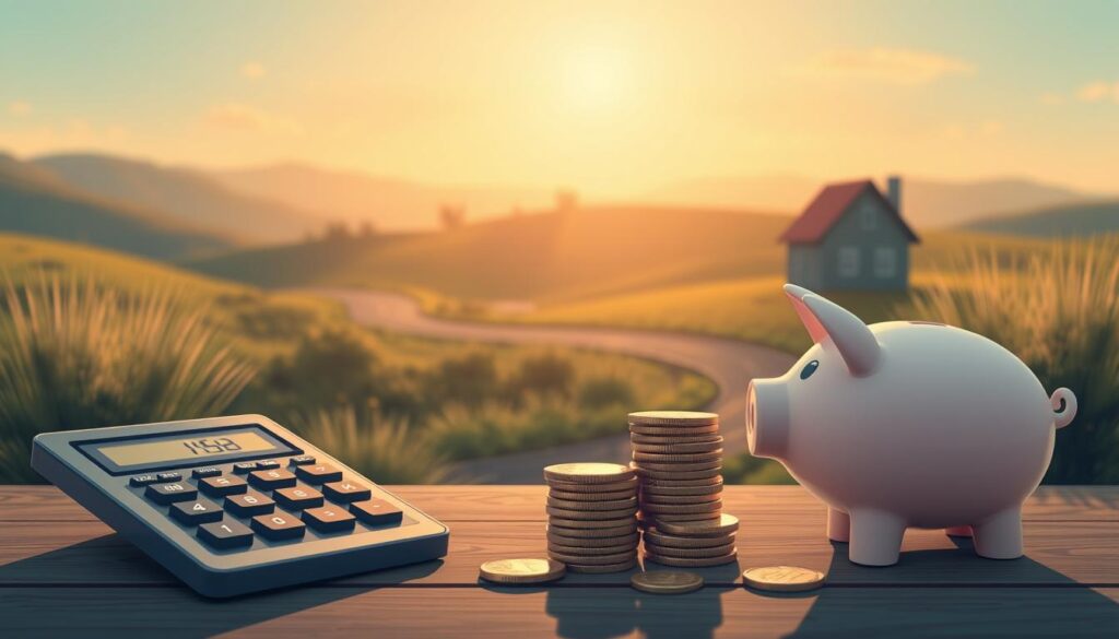 A detailed illustration showcasing the financial considerations of renting versus owning in retirement. In the foreground, a calculator, piggy bank, and a stack of coins symbolize the costs and cash flow associated with both options. In the middle ground, a house silhouette and rental property icon represent the physical assets. In the background, a serene landscape with a winding road conveys the tranquility and mobility of retirement. The lighting is soft and warm, creating an atmosphere of contemplation and financial planning. The angle is slightly elevated, providing an overview of the various elements and their interconnectedness.
