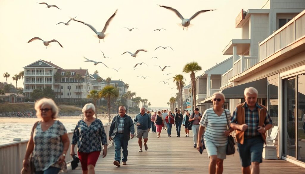 A group of retirees strolling along a picturesque Delaware beach, enjoying the coastal calm and mild climate. In the foreground, well-dressed seniors in casual attire browse boutique storefronts, taking advantage of the state's sales-tax-free shopping. The middle ground features a scenic boardwalk overlooking the Atlantic Ocean, with seagulls soaring overhead. In the background, a mix of historic homes and modern condominiums nestled among swaying palm trees, creating a serene and relaxing atmosphere. The lighting is soft and diffused, lending a warm, golden glow to the scene. Captured with a wide-angle lens to showcase the expansive seaside setting. A group of retirees strolling along a picturesque Delaware beach, enjoying the coastal calm and mild climate. In the foreground, well-dressed seniors in casual attire browse boutique storefronts, taking advantage of the state's sales-tax-free shopping. The middle ground features a scenic boardwalk overlooking the Atlantic Ocean, with seagulls soaring overhead. In the background, a mix of historic homes and modern condominiums nestled among swaying palm trees, creating a serene and relaxing atmosphere. The lighting is soft and diffused, lending a warm, golden glow to the scene. Captured with a wide-angle lens to showcase the expansive seaside setting.