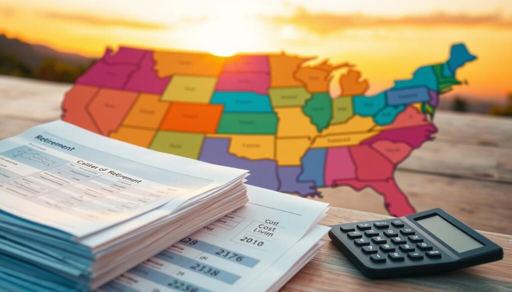 A high-angle view of a map of the United States, with several states highlighted in vibrant colors. In the foreground, a stack of financial documents and a calculator, symbolizing the financial considerations of retirement. The middle ground features icons representing tax rates, cost of living, and healthcare accessibility, arranged in a comparative layout. The background depicts a serene sunset landscape, evoking a sense of tranquility and the ideal retirement setting. The lighting is warm and inviting, capturing the mood of a well-planned and financially secure retirement.