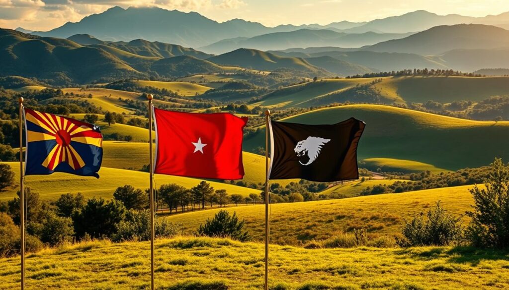 A lush, verdant landscape with rolling hills and towering mountains in the distance. In the foreground, four state flags are prominently displayed - Arizona, Tennessee, Delaware, and South Carolina. The flags are illuminated by a warm, golden sunlight, casting subtle shadows on the ground. The overall scene evokes a sense of tranquility and natural beauty, creating an inviting atmosphere for the viewer to explore the "honorable mention" retirement destinations. The image is captured with a wide-angle lens, allowing for a comprehensive view of the scenery and the interplay of the state flags within the serene environment.