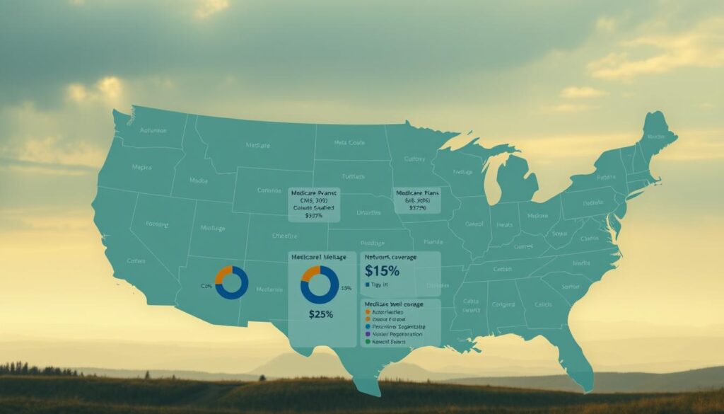 A panoramic landscape depicting the variability of Medicare plans across different states. In the foreground, a detailed map of the United States, with each state rendered in shades of blue and green to represent the diverse coverage and pricing options available. In the middle ground, a series of pie charts and bar graphs illustrate the cost differences, deductibles, and network coverage between the various Medicare Advantage and Supplemental plans. The background features a hazy, atmospheric sky with subtle sunlight filtering through, creating a sense of contemplation and analysis. The overall scene conveys the complexity and regional disparities in the Medicare system, inviting the viewer to explore the nuances of healthcare access and costs for retirees.