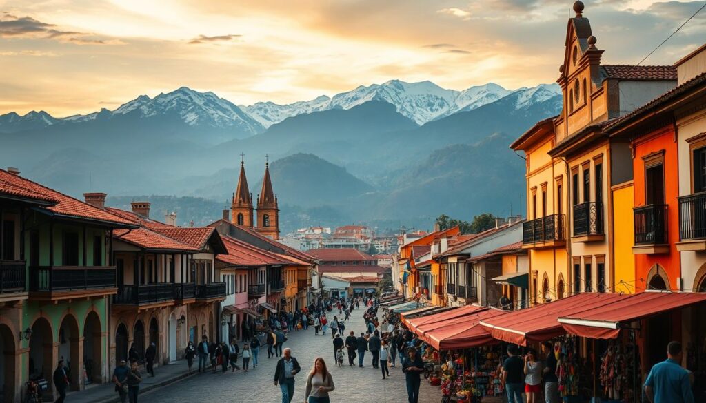 A quaint Ecuadorian town nestled in the Andes mountains, with rows of colorful colonial-style buildings lining the cobblestone streets. In the foreground, a bustling town square is filled with locals and visitors browsing the vibrant outdoor market stalls selling handcrafted goods and fresh produce. In the middle ground, church spires and red-tiled roofs peek out from behind the buildings, creating a charming skyline. The backdrop is dominated by majestic, snow-capped peaks, bathed in the soft, golden light of the setting sun, evoking a sense of serene tranquility. The overall atmosphere is one of rustic elegance, capturing the essence of Ecuador's mountain charm and consistent affordability. A quaint Ecuadorian town nestled in the Andes mountains, with rows of colorful colonial-style buildings lining the cobblestone streets. In the foreground, a bustling town square is filled with locals and visitors browsing the vibrant outdoor market stalls selling handcrafted goods and fresh produce. In the middle ground, church spires and red-tiled roofs peek out from behind the buildings, creating a charming skyline. The backdrop is dominated by majestic, snow-capped peaks, bathed in the soft, golden light of the setting sun, evoking a sense of serene tranquility. The overall atmosphere is one of rustic elegance, capturing the essence of Ecuador's mountain charm and consistent affordability.