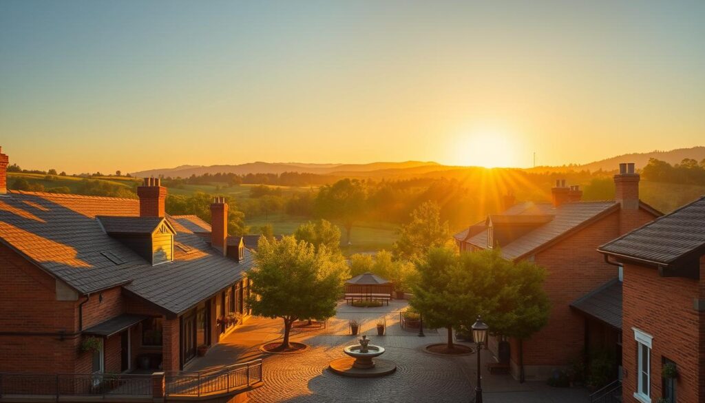 A quaint town nestled in a lush, rolling landscape, bathed in the warm glow of a golden hour sunset. Picturesque cottages and brick buildings line the cobblestone streets, their charming facades adorned with colorful window boxes and potted plants. A small, tree-lined town square anchors the scene, with a modest fountain or gazebo at its center. In the distance, the silhouettes of hills or mountains provide a peaceful backdrop, hinting at the town's serene, secluded setting. The overall atmosphere is one of tranquility, affordability, and a simpler way of life, inviting the viewer to imagine a comfortable, cost-effective retirement in this idyllic small-town haven.