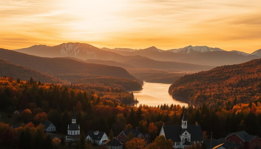 A scenic landscape of New Hampshire's lush, rolling hills and forests under a warm, golden sunset. In the foreground, a picturesque small town with quaint colonial-style buildings and churches nestled amidst vibrant foliage. The middle ground features a gently winding river reflecting the warm hues of the sky. In the background, rugged, snow-capped mountain peaks rise majestically, casting long shadows across the tranquil scene. The lighting is soft and diffused, creating a serene, nostalgic atmosphere that evokes the timeless charm of New England. Captured with a wide-angle lens to showcase the grandeur of the region.