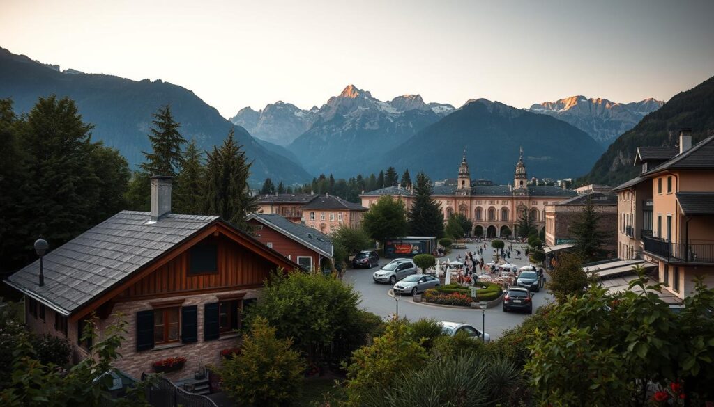 A scenic retirement location strategy, capturing the essence of a peaceful and prosperous future. In the foreground, a cozy cottage nestled amidst lush greenery, its quaint charm inviting exploration. In the middle ground, a picturesque town square with bustling cafes and local shops, reflecting the vibrant community life. In the background, a majestic mountain range, its peaks touched by the warm glow of the setting sun, creating a serene and breathtaking landscape. The scene is illuminated by soft, natural lighting, conveying a sense of tranquility and contentment. The overall mood is one of relaxation and financial security, where a modest $2,000 monthly pension can comfortably support a fulfilling retirement, both at home and abroad.