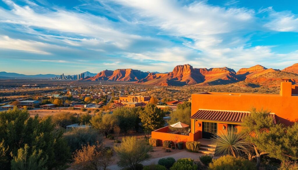 A serene cityscape of Albuquerque, New Mexico, under a brilliant azure sky. In the foreground, a vibrant adobe-style home with a welcoming porch, surrounded by lush, drought-resistant landscaping. In the middle ground, winding trails lead through the rugged, ochre-hued Sandia Mountains, their peaks bathed in the warm glow of the setting sun. In the background, the city skyline emerges, a harmonious blend of modern and historic architecture. The overall atmosphere conveys a sense of tranquility, outdoor adventure, and a cost-of-living that makes Albuquerque an appealing retirement destination.