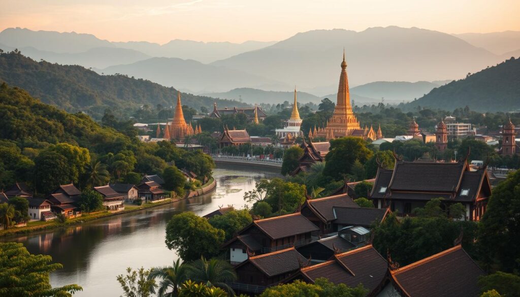 A serene cityscape of Chiang Mai, Thailand, nestled among lush, verdant hills. In the foreground, a tranquil river winds through the old town, with traditional teak houses and temples lining its banks, their roofs glowing in the warm, golden light of sunset. In the middle ground, the iconic Wat Phan Tao and Wat Chedi Luang rise majestically, their ornate spires and intricate carvings reflecting the city's rich cultural heritage. The background is dominated by the silhouettes of the surrounding mountains, their peaks shrouded in mist, creating a sense of peaceful seclusion. The overall mood is one of calm and contemplation, inviting the viewer to imagine a life of tranquility and balance on a modest budget in this enchanting northern Thai city. A serene cityscape of Chiang Mai, Thailand, nestled among lush, verdant hills. In the foreground, a tranquil river winds through the old town, with traditional teak houses and temples lining its banks, their roofs glowing in the warm, golden light of sunset. In the middle ground, the iconic Wat Phan Tao and Wat Chedi Luang rise majestically, their ornate spires and intricate carvings reflecting the city's rich cultural heritage. The background is dominated by the silhouettes of the surrounding mountains, their peaks shrouded in mist, creating a sense of peaceful seclusion. The overall mood is one of calm and contemplation, inviting the viewer to imagine a life of tranquility and balance on a modest budget in this enchanting northern Thai city.