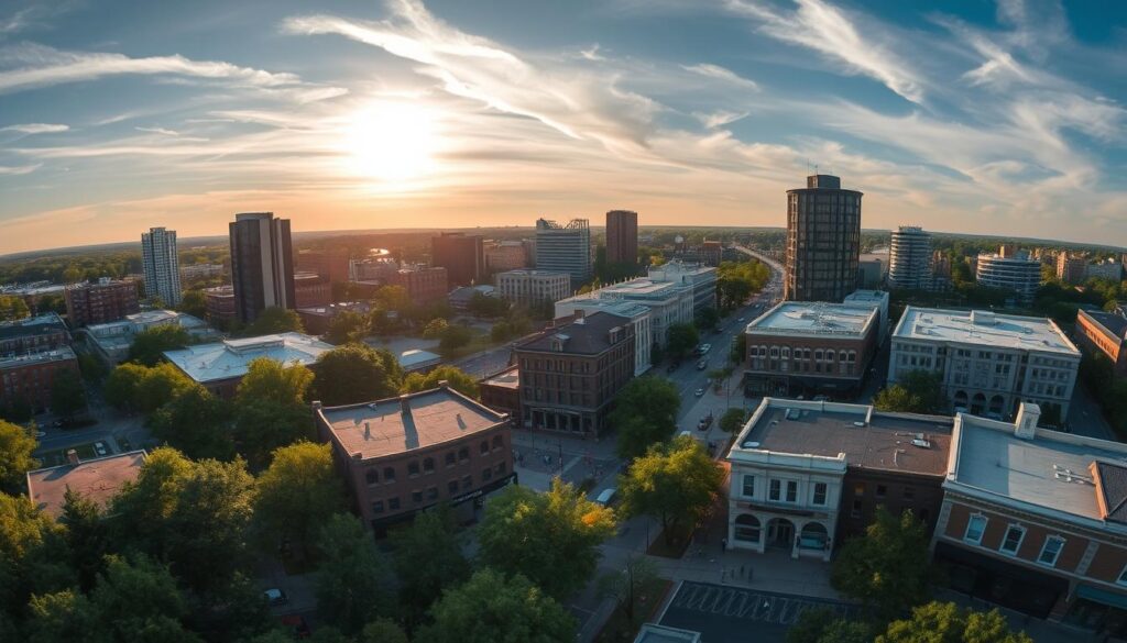 A serene cityscape of the Southeast, showcasing the vibrant yet cost-efficient urban centers of the Carolinas and Georgia. Panoramic view of modern high-rises and historic buildings, nestled amongst lush greenery and well-maintained parks. Warm sunlight filters through wispy clouds, casting a golden glow over bustling sidewalks and bustling pedestrians. Cozy cafes, local shops, and community centers dot the charming streetscapes, reflecting the region's friendly, down-to-earth vibe. An aerial perspective highlights the compact, walkable layout, hinting at the surprisingly affordable cost of living in these thriving Southeastern hubs.