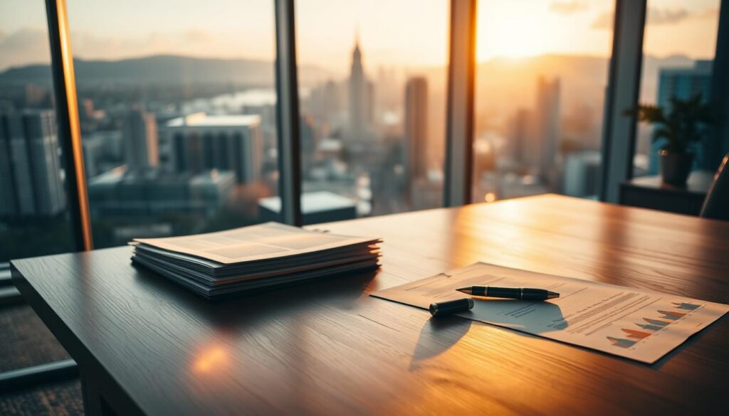A serene office setting, with a large wooden desk in the foreground. On the desk, a stack of documents, a calculator, and a pen neatly arranged. The background features a panoramic window overlooking a picturesque cityscape, bathed in warm, golden afternoon light. The mood is one of contemplation and financial planning, evoking the thoughtful consideration of key tax factors that impact retirement affordability. The scene conveys a sense of balance, professionalism, and the importance of careful financial management during the golden years. A serene office setting, with a large wooden desk in the foreground. On the desk, a stack of documents, a calculator, and a pen neatly arranged. The background features a panoramic window overlooking a picturesque cityscape, bathed in warm, golden afternoon light. The mood is one of contemplation and financial planning, evoking the thoughtful consideration of key tax factors that impact retirement affordability. The scene conveys a sense of balance, professionalism, and the importance of careful financial management during the golden years.