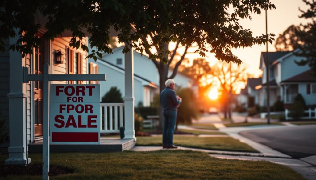 A serene residential street at sunset, with a focus on a well-maintained home with a neatly manicured lawn. The home's facade features a prominent "For Sale" sign, drawing attention to the property and its potential sale. In the foreground, an older couple stands on the porch, deep in discussion, suggesting the importance of property taxes and retirement considerations. The middle ground showcases a few other homes, with well-tended gardens and subtle clues about the homeowners' financial situations. The background features a warm, golden sky, creating a tranquil and inviting atmosphere that reflects the article's subject matter.