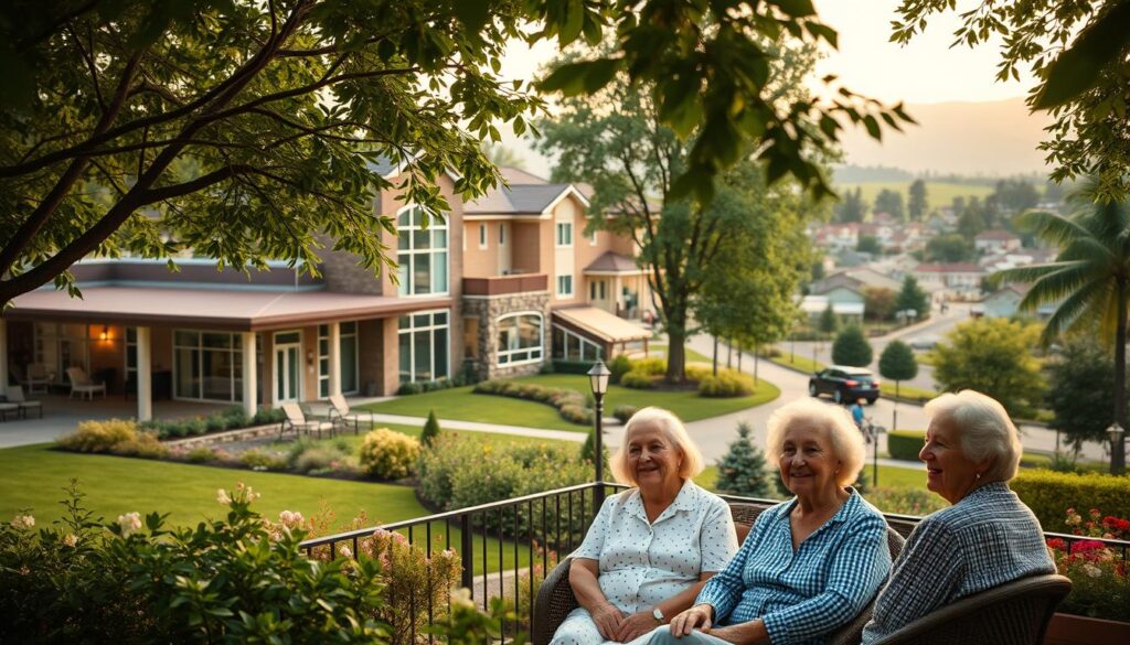 A serene retirement home nestled in a lush, verdant landscape. In the foreground, a group of elderly residents enjoying a peaceful moment on a shaded patio, their faces reflecting contentment and care. The middle ground showcases a well-equipped medical facility, its modern architecture and gleaming windows hinting at the high-quality healthcare available. In the background, a picturesque town with quaint shops and tree-lined streets, suggesting a vibrant, community-oriented environment. Warm, diffused lighting casts a gentle glow, and the overall atmosphere conveys a sense of tranquility, comfort, and the fulfillment of retirement years.