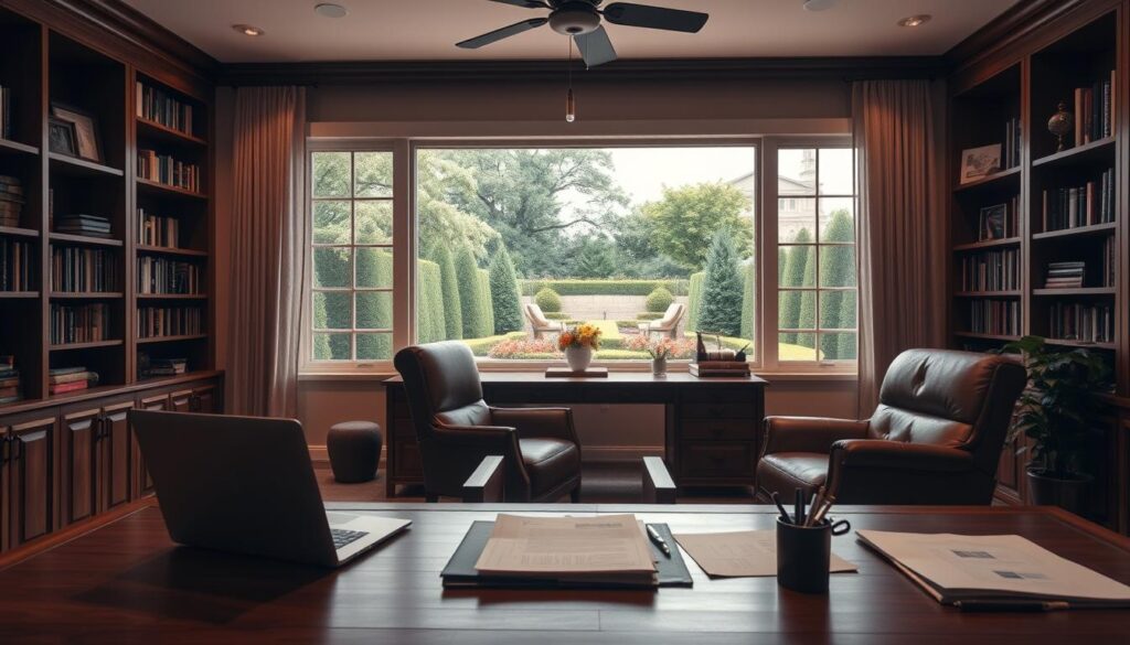 A serene retirement income exemption scenario. A well-appointed home office with a large wooden desk, leather armchair, and floor-to-ceiling bookshelves. Warm, diffused lighting illuminates the scene, creating a contemplative atmosphere. In the foreground, a laptop and documents representing financial planning and tax-advantaged retirement income strategies. The middle ground features a large window overlooking a lush, manicured garden, symbolizing the financial security and peace of mind of an exemption-friendly retirement. The background subtly suggests the state's architectural landmarks, hinting at the unique retirement income policies that make it a favorable destination for retirees. A serene retirement income exemption scenario. A well-appointed home office with a large wooden desk, leather armchair, and floor-to-ceiling bookshelves. Warm, diffused lighting illuminates the scene, creating a contemplative atmosphere. In the foreground, a laptop and documents representing financial planning and tax-advantaged retirement income strategies. The middle ground features a large window overlooking a lush, manicured garden, symbolizing the financial security and peace of mind of an exemption-friendly retirement. The background subtly suggests the state's architectural landmarks, hinting at the unique retirement income policies that make it a favorable destination for retirees.