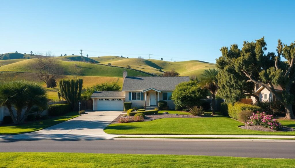 A serene suburban landscape with a cozy single-story home nestled among lush greenery. The foreground features a well-manicured lawn, flanked by colorful flower beds and a paved driveway leading to a two-car garage. In the middle ground, the modest home stands proud, its clean, understated architecture and neutral color palette conveying a sense of practicality and affordability. The background is filled with rolling hills, dotted with occasional trees, and a clear, azure sky overhead, creating a tranquil, peaceful atmosphere. Soft, diffused natural lighting illuminates the scene, casting gentle shadows and highlighting the comfortable, livable qualities of this idyllic setting - a representation of the low cost of living that makes this an appealing retirement destination.
