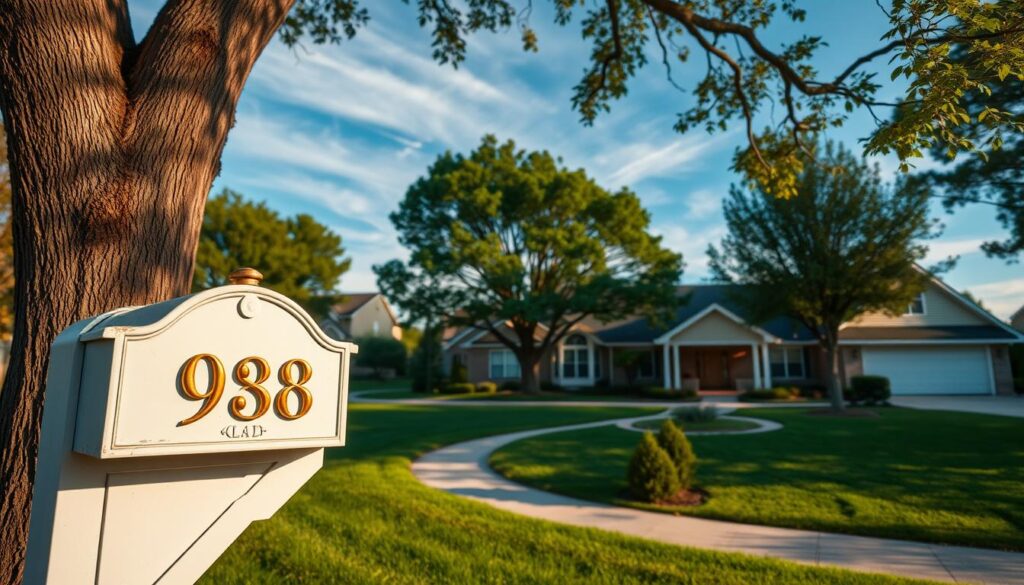A serene suburban neighborhood with well-manicured lawns, tree-lined streets, and cozy homes. In the foreground, a graceful oak tree casts gentle shadows on a pristine white mailbox adorned with golden numbers, symbolizing the address and property ownership. The middle ground features a well-kept lawn, neatly trimmed hedges, and a winding concrete walkway leading to a warm, inviting home. In the background, a clear blue sky with wispy clouds creates a tranquil atmosphere, conveying a sense of comfort and security associated with property ownership. The lighting is soft and natural, capturing the essence of a peaceful suburban setting.