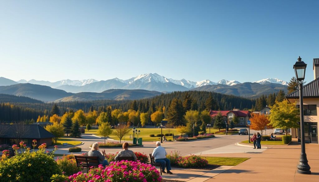 A serene, sun-dappled landscape showcasing the best U.S. states for retirees. In the foreground, a peaceful town square with vibrant flowers and benches where elderly residents enjoy conversation. The middle ground features rolling hills and lush forests, hinting at the natural beauty and outdoor recreation these states offer. In the background, snow-capped mountains rise majestically, evoking a sense of tranquility and possibility. The scene is bathed in warm, golden light, creating a welcoming and comfortable atmosphere. Subtle details like well-maintained roads, clean parks, and happy families convey an overall high quality of life and value for retirees.