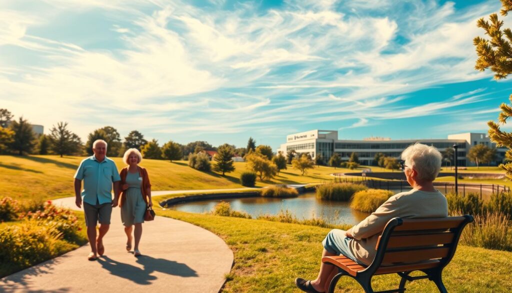 A serene, sun-dappled landscape where retirees stroll along a winding path, their faces radiating contentment. In the foreground, a couple sits on a park bench, engaged in a lively conversation, symbolizing the importance of an active social life. The middle ground features a tranquil pond, its surface gently rippled, reflecting the surrounding greenery. In the distance, a modern medical facility stands, a testament to accessible healthcare. Overhead, wispy clouds drift across a brilliant azure sky, evoking a sense of balance and well-being. The lighting is soft and warm, creating an atmosphere of ease and security, shielding the retirees from the looming specter of inflation.