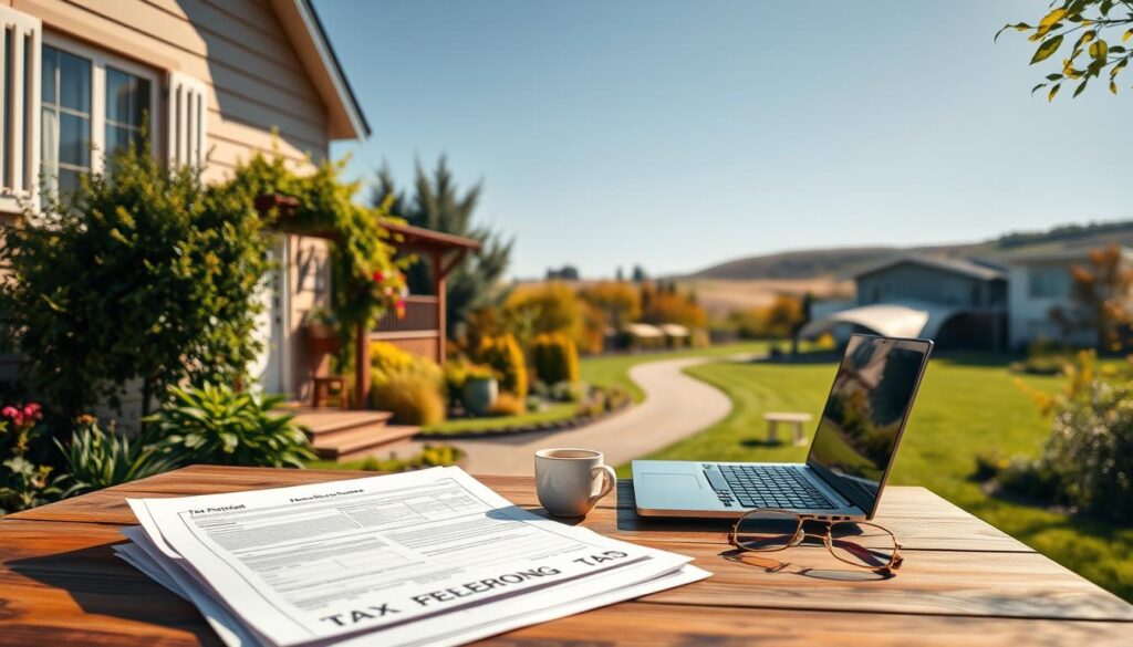 A serene, sun-dappled scene of a retiree's cozy home, its exterior adorned with lush greenery and a well-tended garden. In the foreground, a stack of tax forms sits atop a wooden table, surrounded by a laptop, a cup of coffee, and a pair of reading glasses - a subtle nod to the financial considerations of retirement. In the middle ground, a winding path leads to a picturesque, modern medical facility, its clean lines and inviting architecture conveying accessibility and quality healthcare. The background is a gently rolling landscape, dotted with vibrant trees and a clear blue sky, suggesting a tranquil, nature-filled setting that complements the retiree's lifestyle. The overall mood is one of contemplation, balance, and the harmonious integration of financial and healthcare concerns within a peaceful, comfortable retirement.
