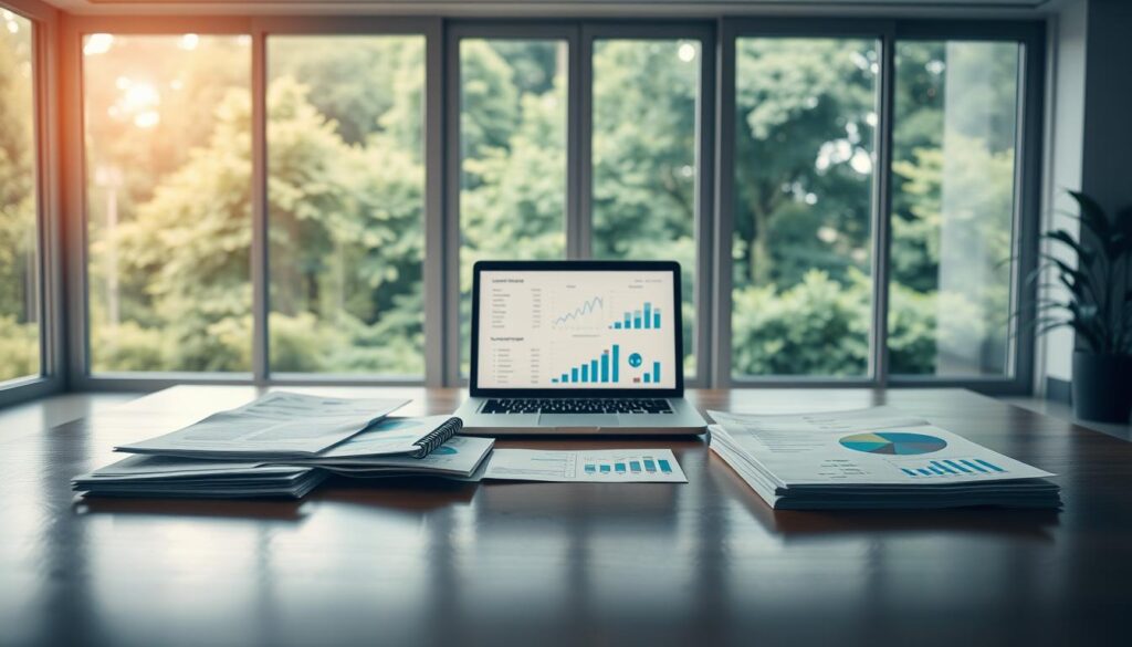 A serene, well-lit interior space showcasing a visual representation of "cost and coverage" for healthcare services. In the foreground, a polished wooden table displays various healthcare-related documents, invoices, and charts, conveying the financial aspects of healthcare. In the middle ground, a laptop displays graphs and infographics, highlighting the coverage and benefits of different healthcare plans. The background features a large window overlooking a lush, verdant landscape, creating a calming and contemplative atmosphere. The lighting is soft and diffused, emphasizing the attention to detail and the importance of the subject matter. The overall composition suggests a thoughtful, analytical approach to understanding the complexities of healthcare costs and coverage options.