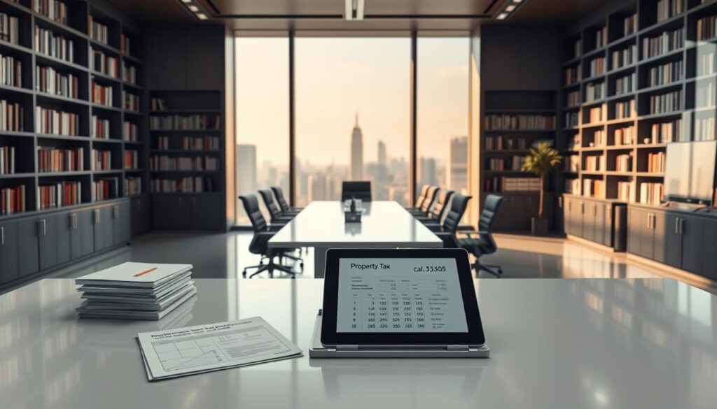 A sleek modern office interior, with a large window showcasing a sweeping view of a cityscape. In the foreground, a clean, minimalist desk features a stack of documents and a digital tablet displaying property tax calculations. The middle ground shows a well-appointed conference table, surrounded by ergonomic chairs, creating an atmosphere of professional efficiency. The background features bookshelves filled with financial literature, casting a warm, muted lighting across the space. The overall scene conveys a sense of authority, expertise, and attention to detail in the realm of property tax management.