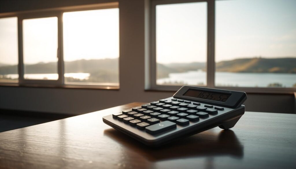 A sleek, modern retirement modeling calculator resting on a polished wooden desk, illuminated by soft, natural lighting streaming through large windows. The calculator's minimalist design features a digital display, various buttons, and a stylized interface, conveying a sense of precision and functionality. In the background, a serene landscape with rolling hills and a tranquil lake sets a calming, retirement-friendly atmosphere. The overall scene exudes a sense of financial planning, security, and the peace of mind that comes with thoughtful retirement preparation.