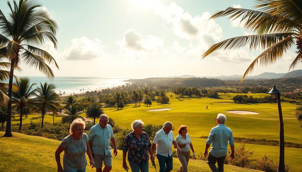 A sprawling coastal landscape with swaying palm trees and azure waters lapping at pristine white sand beaches. In the foreground, a group of retirees strolling leisurely, their faces filled with contentment. The midground features a golf course dotted with verdant fairways and immaculate greens, where elderly players engage in a friendly round. In the background, sun-dappled citrus groves and lush, rolling hills create a serene, idyllic scene. Warm, golden light filters through wispy clouds, casting a tranquil glow over the entire vista. The mood is one of relaxation, comfort, and the enjoyment of the golden years.