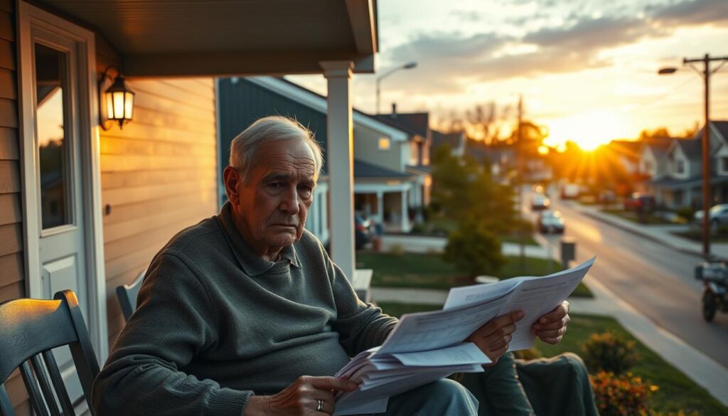 A suburban neighborhood with modest homes, a winding street, and a gentle afternoon light. In the foreground, an elderly couple sitting on their porch, their faces etched with concern as they review stacks of paperwork and receipts. The middle ground reveals a busy shopping district, bustling with activity, but the couple's expressions suggest the strain of rising sales taxes on their fixed budget. In the background, a picturesque sunset casts a warm glow, belying the financial pressures weighing on this retired community. Cinematic, evocative lighting and a shallow depth of field focus the viewer's attention on the couple's pensive expressions.