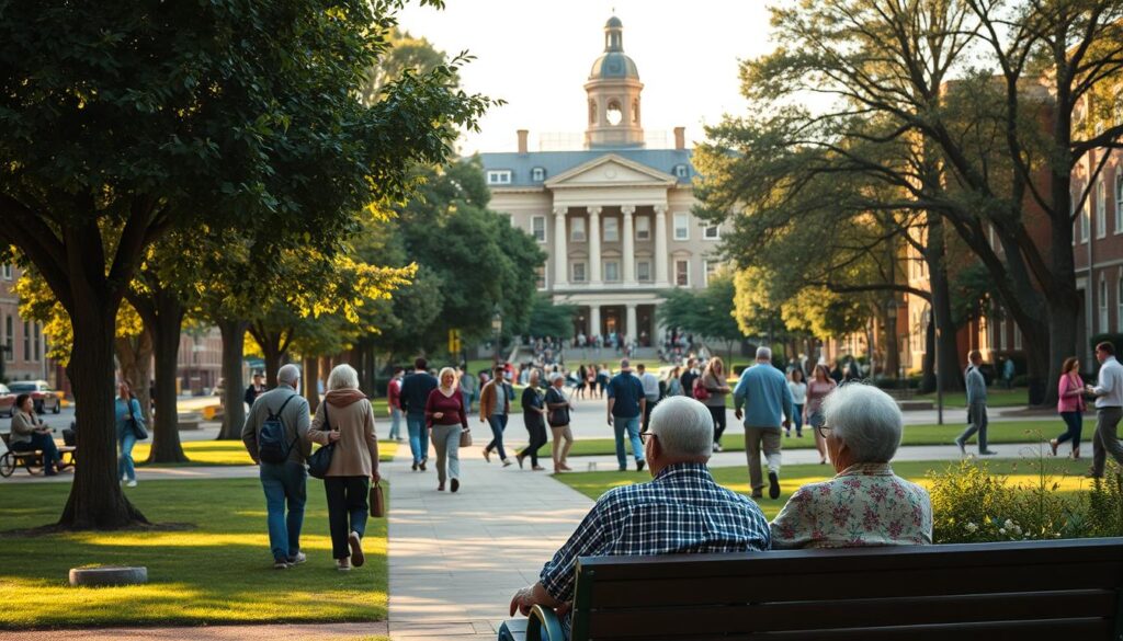 A tranquil college town scene, with retirees leisurely strolling along a tree-lined avenue. In the foreground, a group of senior citizens enjoying a lively conversation on a park bench, bathed in the warm glow of a late afternoon sun. In the middle ground, students and professors mingle around a lively campus, while in the background, a historic university building stands tall, its stately architecture evoking a sense of timeless academia. The atmosphere is one of quiet contentment, where the pace of life is unhurried, and the air is filled with the gentle chatter of a thriving community.