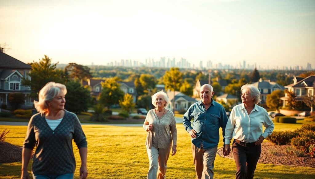 A tranquil landscape showcasing the benefits of no income tax and manageable property taxes for seniors. In the foreground, a group of retirees strolling through a well-manicured park, their expressions serene and content. The middle ground features a picturesque suburban neighborhood, with well-maintained homes and lush greenery. In the background, a distant skyline of modern high-rises, hinting at the vibrant economic opportunities available in this tax-friendly state. The scene is bathed in soft, golden lighting, creating a warm and inviting atmosphere. The overall composition conveys a sense of financial security, comfort, and the ability to enjoy one's golden years without the burden of excessive taxation.