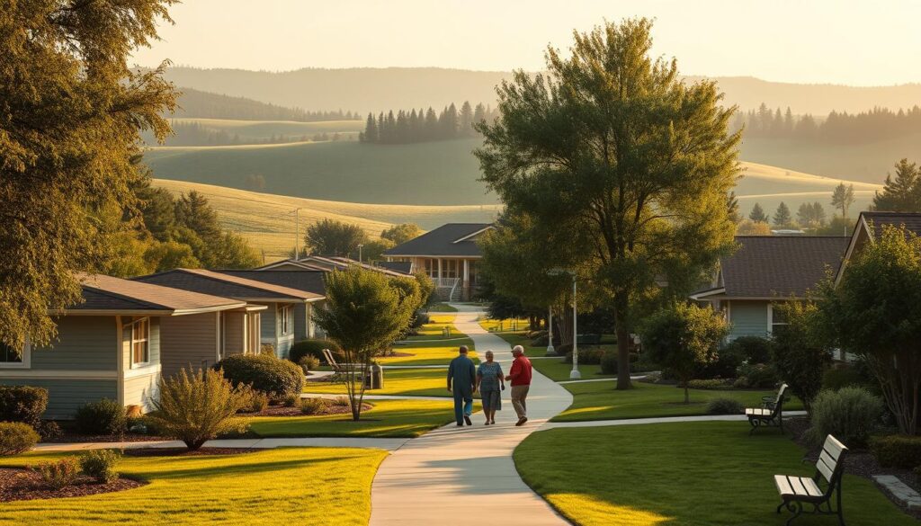 A tranquil retirement community nestled in a lush, rolling landscape, with modest single-story homes, well-maintained gardens, and a community center in the distance. Soft, warm lighting bathes the scene, creating a sense of comfort and security. Elderly residents stroll leisurely along tree-lined paths, discussing the day's activities or relaxing on benches. The atmosphere conveys a lifestyle focused on affordability, simplicity, and the enjoyment of one's golden years.