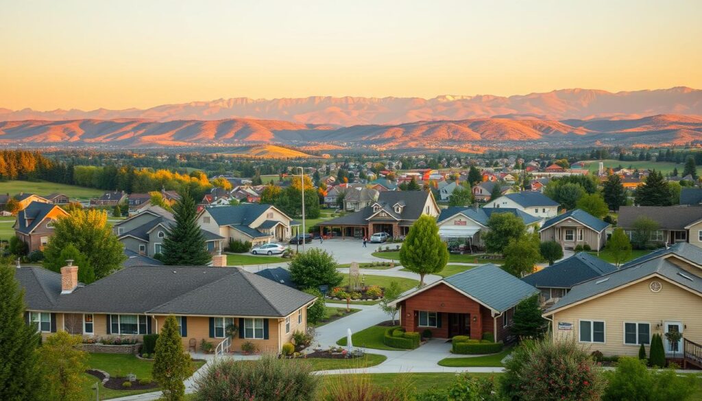 A tranquil retirement community nestled in a lush, rolling landscape. The foreground features well-maintained, modest homes with tidy yards and colorful gardens. In the middle ground, a picturesque town square with a quaint coffee shop and local market. The background showcases a panoramic vista of distant mountains bathed in warm, golden sunlight. The overall atmosphere is one of peaceful serenity, with a focus on affordability and community.