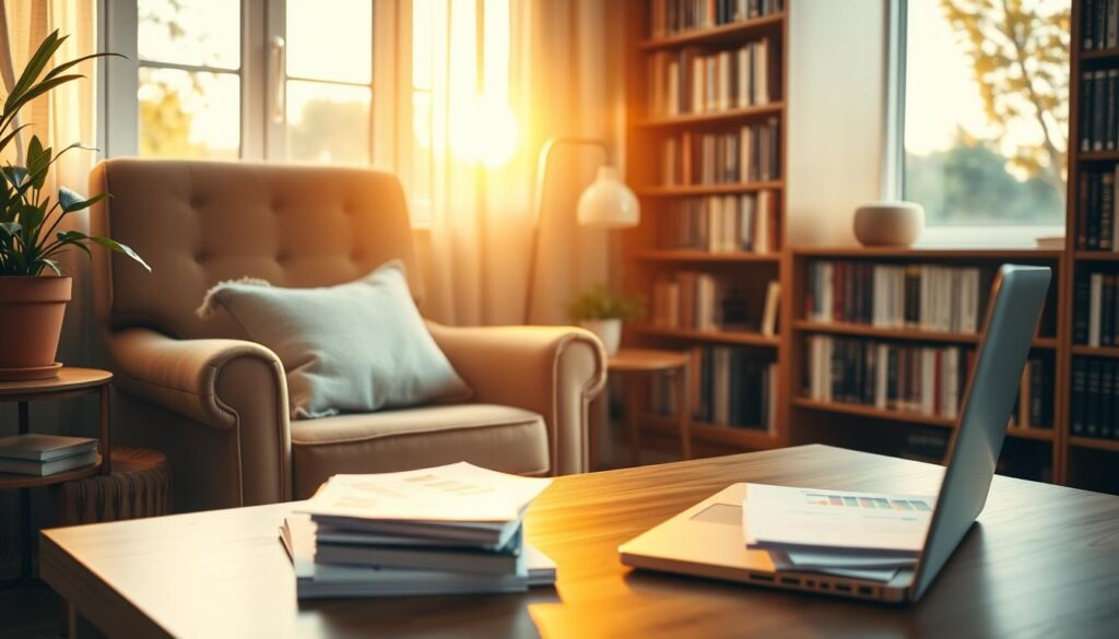 A tranquil retirement scene: a cozy living room with a plush armchair, a wooden side table, and a potted plant. Warm, natural lighting filters through a large window, casting a golden glow. On the table, a laptop and a stack of financial documents, symbolizing the careful planning and analysis of retirement income. In the background, a bookshelf filled with financial reference books, representing the retiree's diligence in researching the best states to retire in. The overall atmosphere conveys a sense of financial security, comfort, and thoughtful preparation for the next chapter of life.