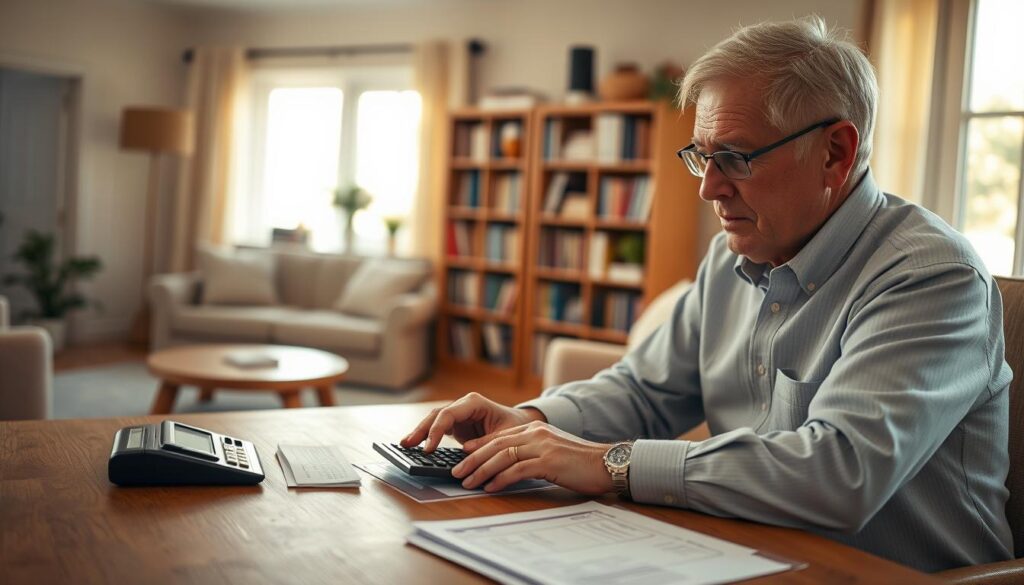 A tranquil retirement scene with a retiree calculating their tax return under soft, warm lighting. In the foreground, a wooden desk holds a calculator, pen, and neatly organized financial documents. The retiree, dressed in casual yet refined attire, is deep in concentration, their face reflecting the importance of managing their retirement income. In the middle ground, a bookshelf filled with financial guides and tax references subtly suggests the diligence required. The background showcases a cozy, sun-filled living room, creating a sense of comfort and security. The overall atmosphere conveys a balance of prudent financial planning and the peaceful enjoyment of retirement.