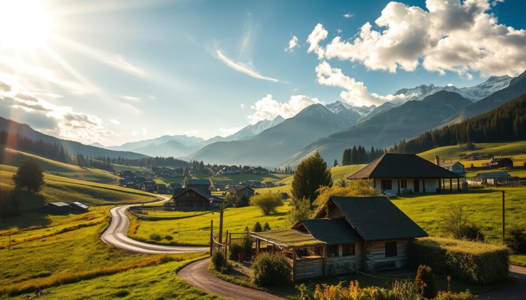 A tranquil rural landscape showcasing the essence of low-cost living. In the foreground, a cozy farmhouse with a well-tended garden, surrounded by rolling hills and lush greenery. Sunlight filters through wispy clouds, casting a warm, golden glow over the scene. In the middle ground, a winding dirt road leads to a small town with quaint shops and modest homes, reflecting a simpler, more affordable way of life. The background features towering mountains, their peaks capped with snow, creating a serene and picturesque backdrop. The overall mood is one of peacefulness, contentment, and the quiet charm of a life lived in harmony with the land and its natural rhythms.