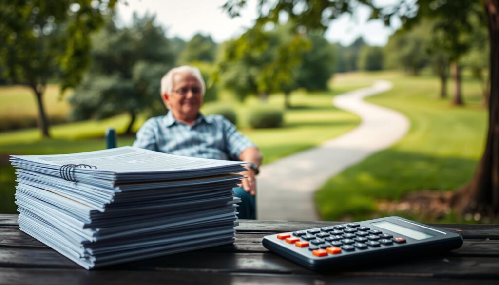 A tranquil scene of financial security and retirement planning. In the foreground, a stack of official-looking documents and a calculator symbolize the administrative aspects of social security benefits. In the middle ground, a serene elderly couple relaxes on a park bench, their faces expressing contentment and a sense of well-being. The background showcases a lush, verdant landscape with a winding path, reflecting the peaceful and relaxed atmosphere of retirement. The lighting is soft and natural, creating a warm and inviting ambiance. The entire composition conveys the idea of a comfortable and secure retirement, facilitated by the thoughtful management of social security and other retirement assets.