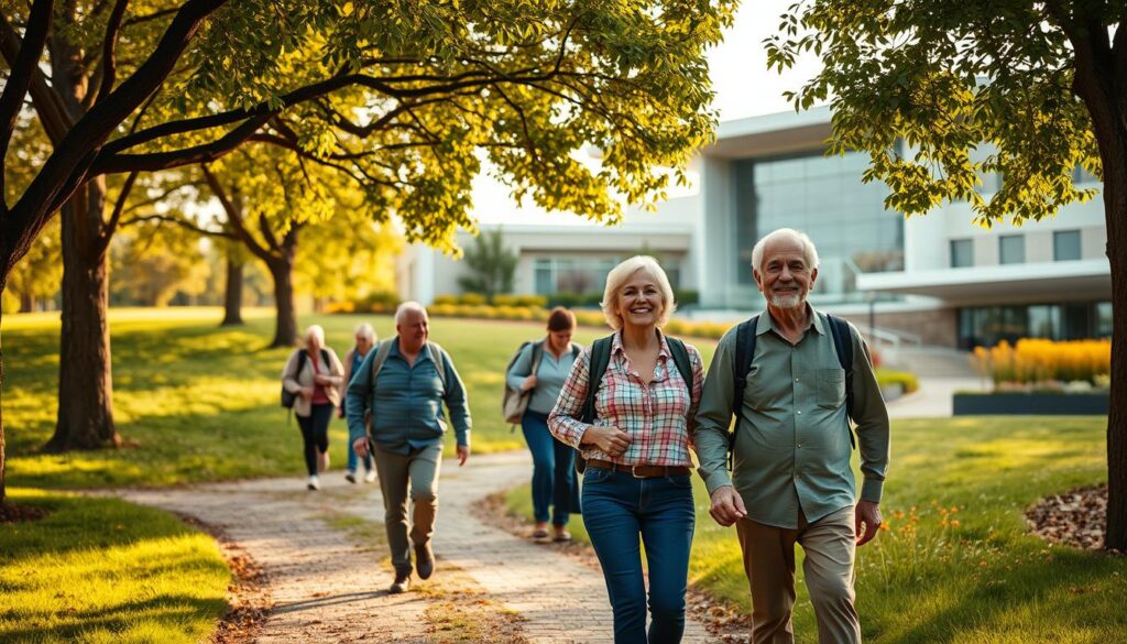 A vibrant, detailed scene of an active, healthy lifestyle in retirement. In the foreground, an older couple strolling hand-in-hand down a picturesque, tree-lined path, their faces radiant with contentment. In the middle ground, a group of friends laughing and chatting as they hike up a gentle slope, backpacks on their shoulders. In the background, a modern, well-equipped medical facility stands, its sleek architecture and lush landscaping conveying a sense of accessible, high-quality healthcare. Natural light filters through the scene, casting a warm, golden glow that enhances the overall mood of vitality and well-being.